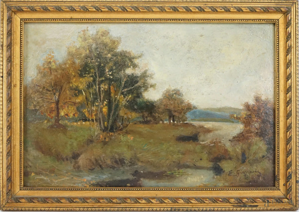 Paesaggio fluviale, olio su cartone, cm 18x27, firmato, entro cornice.