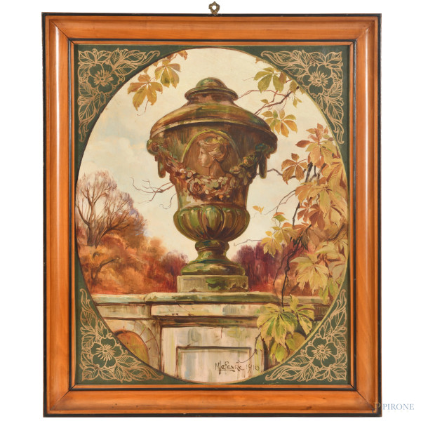 M. Lefevre, Autunno, olio su tela, cm 73x60 entro cornice, firmato e datato 1910 in basso