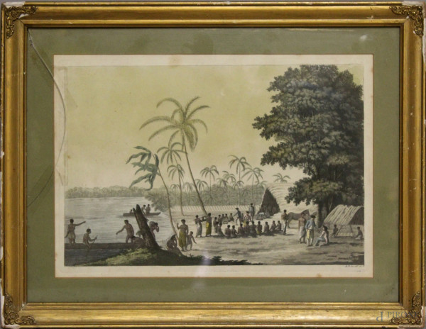 Scena coloniale,  antica incisione, cm. 34x24, XIX sec, siglata A.B. inc.,entro cornice.