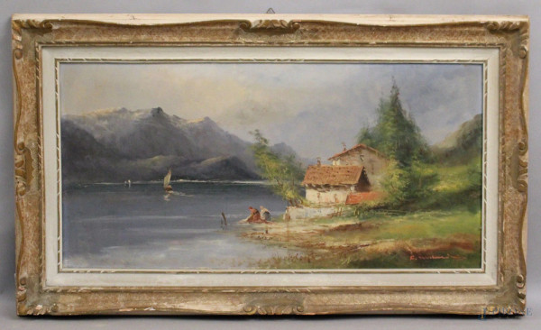 Francesco Mancini, Paesaggio montano con lago, olio su tela, cm 100x50, entro cornice.