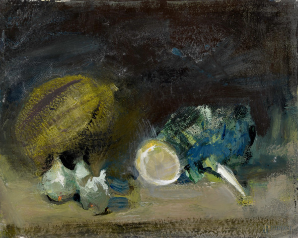 Edoardo Krumm (1916-1993), Natura morta con cocomero, tecnica mista su tela, cm 40x50, firmato al retro