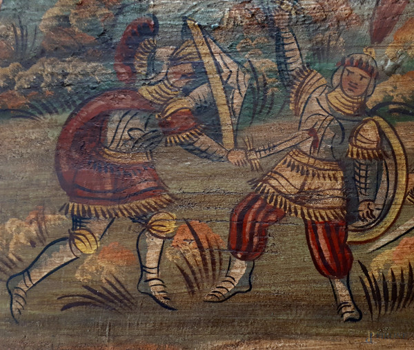 Combattimento di Pupi siciliani, sponda di carretto siciliano dei primi dell’800 dipinta ad olio ...