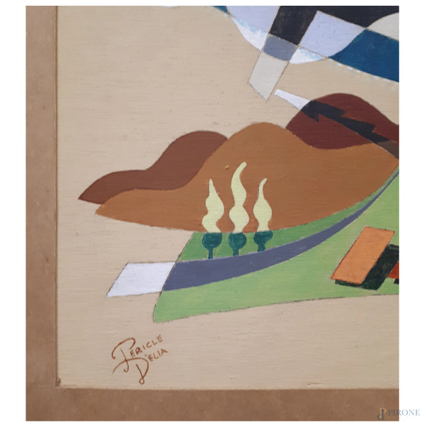 Pericle D’Elia (XX sec.) Aeropittura, tecnica mista su tavola, cm 36x24, firmato, con cornice