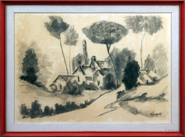 Paesaggio, disegno a carboncino su carta, cm. 61x86, firmato A. Leonardi.