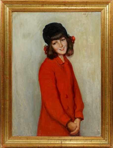 Aldo Severi - Cappottino rosso (la figlia del pittore), olio su tela, cm 84x62, entro cornice.