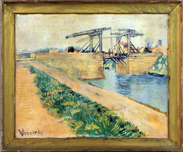Da Van Gogh, canale olandese, oleografia, cm. 58x72, entro cornice.