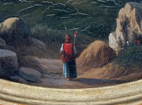 Anonimo, sec.XIX, Coppia di vedute (campagna pisana e campagna romana), olio su cartone ovale, cm...