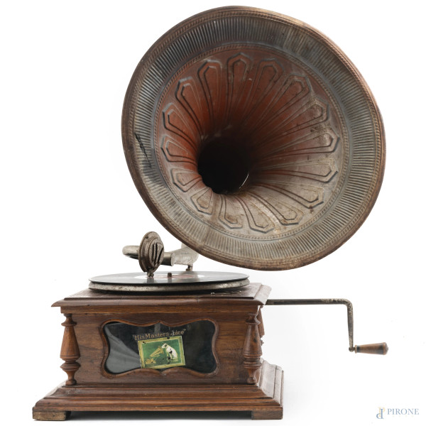 Vecchio grammofono "His Master's Voice", cm  60x50x36 ca., XX secolo, (difetti, da revisionare)