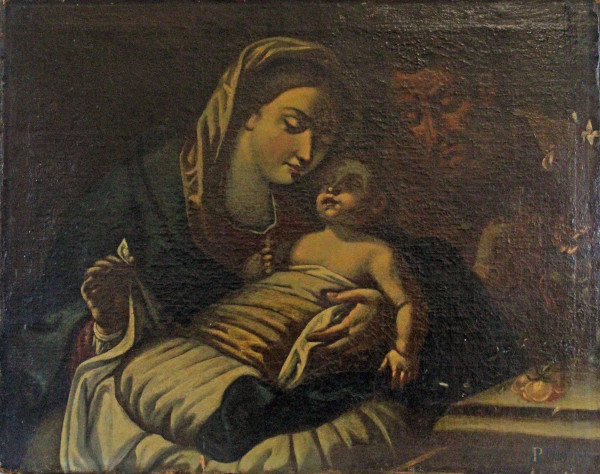 Pittore italiano del XVII secolo, Sacra famiglia, olio su tela, cm 50x63, (difetti).