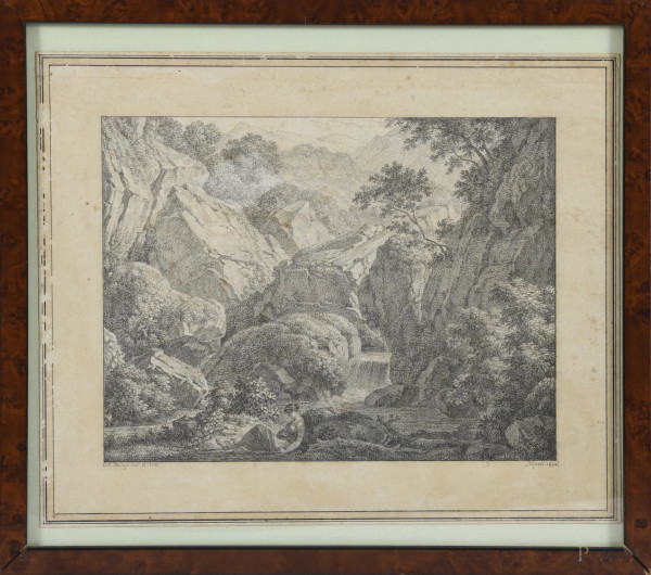 Christoph Heinrich Kniep (1755 – 1825), Fanciulla in riva ad un ruscello con cascata, grafite su carta, cm 23x28, firmato in basso a sinistra e datato 
