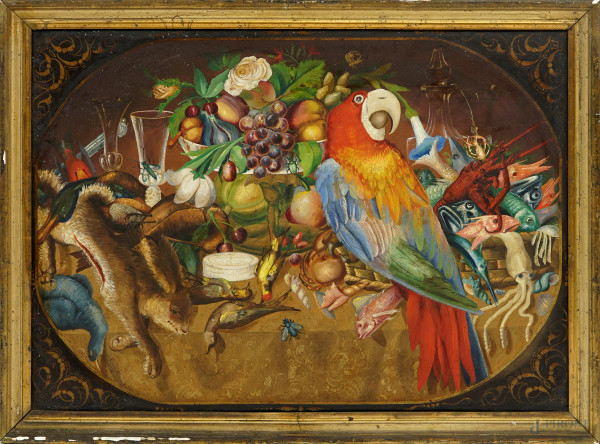 Natura morta con Pappagallo e cacciagione, olio su tela, cm 54,5x76,5, XIX-XX secolo, entro cornice