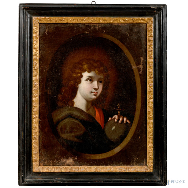 Salvator Mundi, XVII secolo, olio su tela, cm 65x50, entro cornice