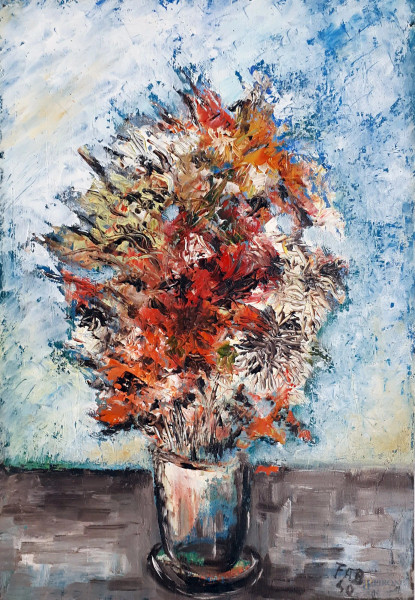 Vaso con fiori, olio su tavola, cm 30x44, firmato e datato