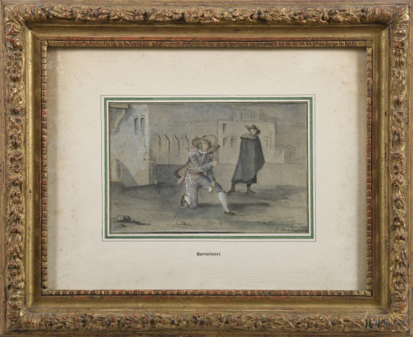 Figure in costume, XIX-XX secolo, disegno a tecnica mista su carta, cm 26x34 compreso passepartout, firmato in basso a destra, entro cornice, (ondulazioni della carta, lievi segni di usura)