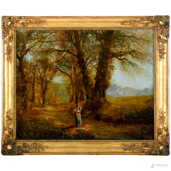 Paesaggio boschivo con figure, olio su tela, fine del XIX . Inizi del XX secolo, cm 63,5x80,5 entro cornice