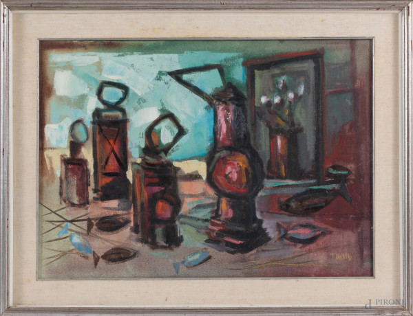 T. David, Fanali, olio su tela, cm 50x70, firmato in basso a destra e firmato, titolato e datato 