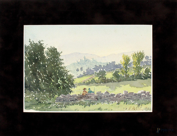 Paesaggio con figure in sosta al muretto, acquarello su carta, cm 17x24, firmato F. Petiti