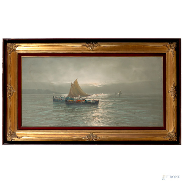 Remo Testa, Pescatore al tramonto, XX secolo, cm 60x120, firmato in basso a destra, entro cornice, (piccole cadute di colore)