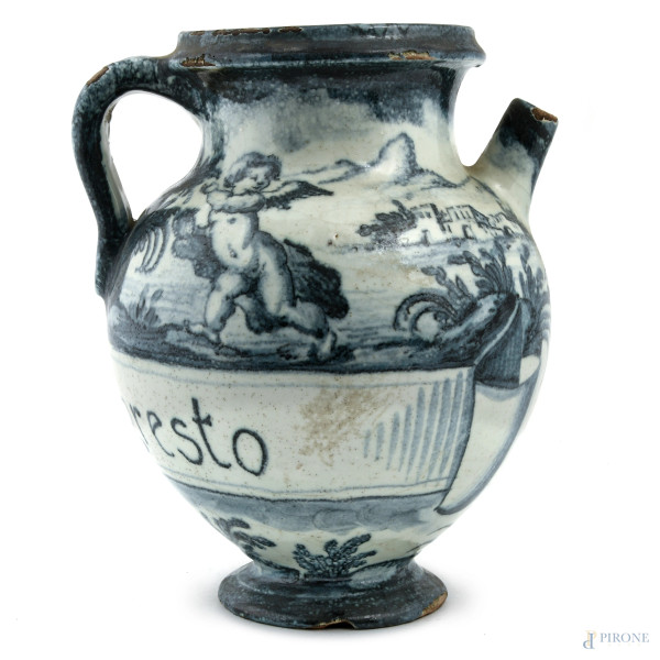 Versatoio da farmacia "Syr d'Agresto" decorato nei toni del blu, XX secolo, altezza cm 25, (difetti, scalfiture, cadute di smalto stannifero)