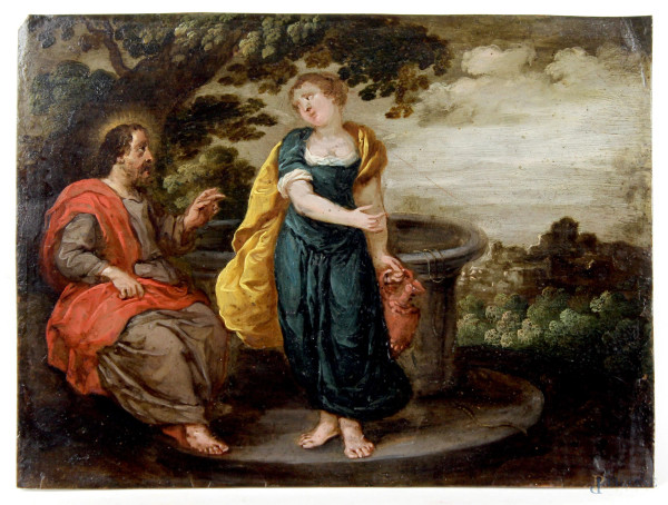 Scuola olandese del XVII secolo, Cristo e la samaritana al pozzo, olio su rame, cm 16,7x22,2