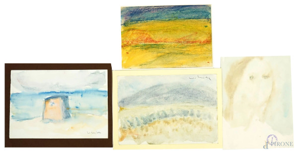Vittorio Miele - Lotto di quattro disegni ad acquarello e matita su carta raffiguranti scorci di paesaggi e figura, misure max cm 23x17,5.