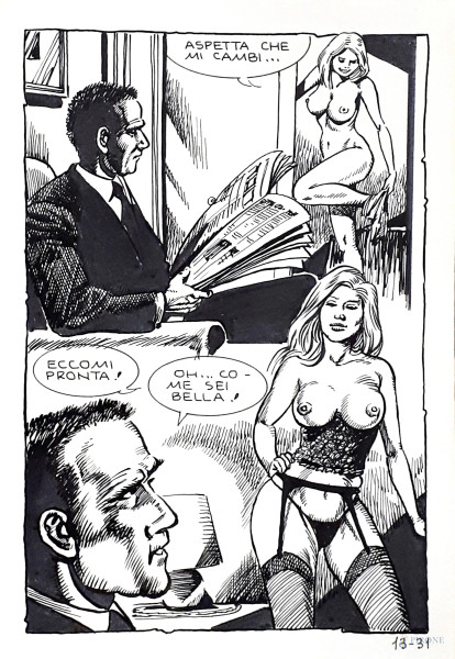 Tavola originale per fumetto erotico, china su carta, cm 15,5x23
