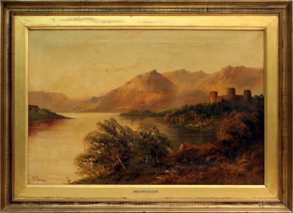 Frank E. Jamieson - Paesaggio montano con castello, olio su tela cm. 50x75, firmato, entro cornice.