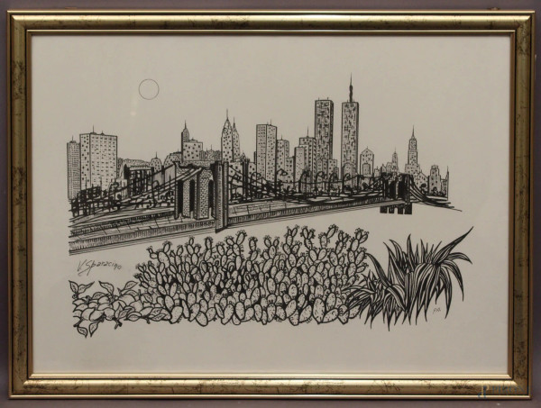 New York, litografia, cm 50 x 70, firmato, entro cornice.