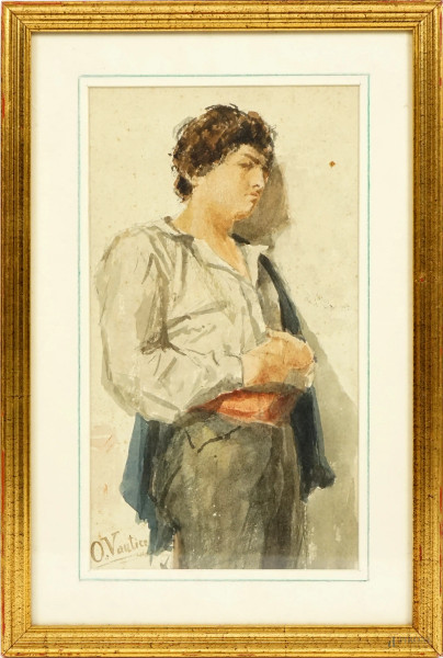Ritratto di ragazzo, acquarello su carta, cm 26,5x14,5, firmato in basso a sinistra, entro cornice