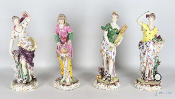 Lotto di quattro sculture in porcellana policroma Meissen raffiguranti le Quattro Stagioni, XX secolo, altezza massima cm 37, (segni di usura, sbeccatura, rotture, mancanze)