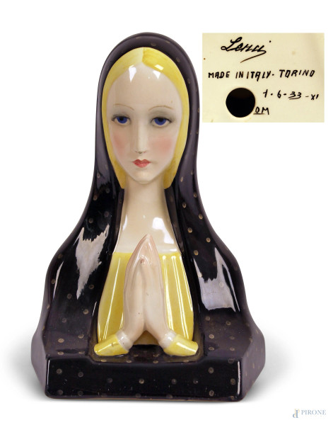 Madonna Nera, scultura in porcellana policroma, marcata Lenci, h. cm 21.
