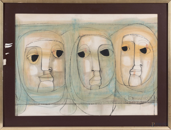 Volti, XX secolo, tecnica mista su carta, cm 62x87, firmato in basso a destra, entro cornice, (ondulazioni della carta, lievi segni di usura)