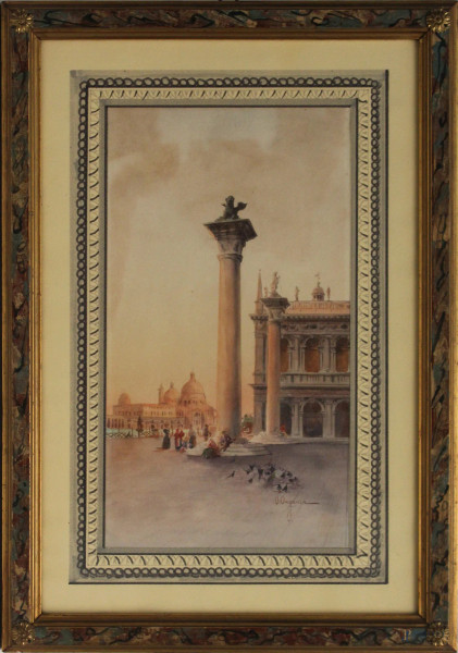 Veduta veneziana, scuola italiana del XIX sec., firmato in basso a destra, acquarello su carta, cm. 35x19, entro cornice.