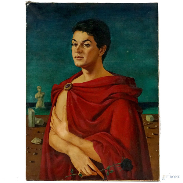 Ritratto d'uomo con manto rosso, olio su tela, cm 80x60, firmato, (restauri)