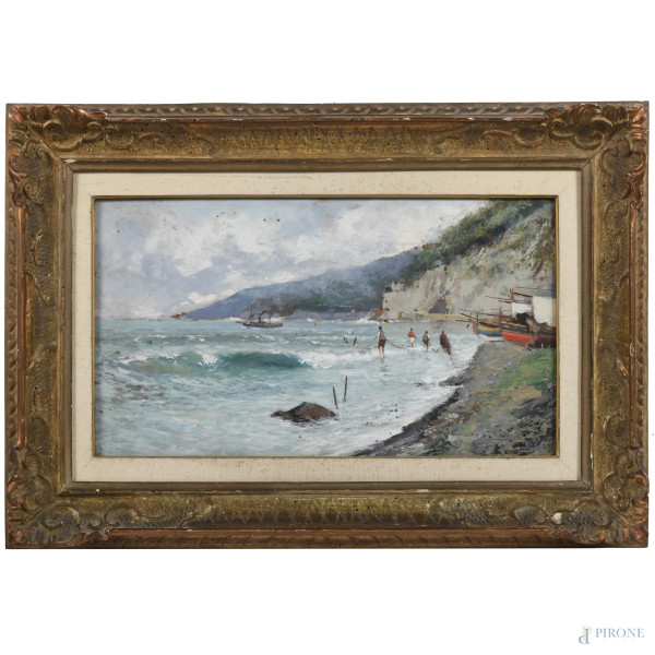 Oscar Ricciardi  (1864- 1935), Costa con pescatori, olio su tavoletta, cm 27,5x47, iscritto in basso a destra, entro cornice, (segni di usura, abrasioni, piccoli fori)