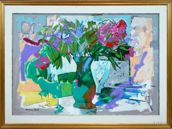 Andrea Volo - Vaso con fiori, olio su tela, cm 70,5x100, entro cornice.