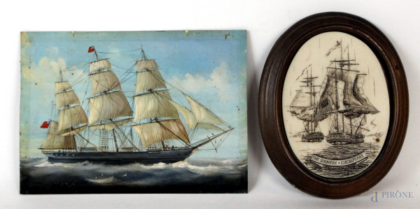 Lotto di un dipinto ad olio su rame ed un'incisione su resina raffiguranti velieri, misure max cm 13x18, XX secolo