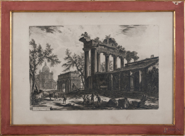 Veduta degli avanzi del pronao del Tempio della Concordia, XX secolo, incisione su carta, cm 61x87,5, entro cornice, (segni di usura, tracce di umidità, bruniture, foxing)