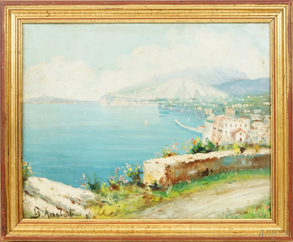 Costiera napoletana, olio su tavola, cm 27,5x34,5, firmato B. Mercadante, entro cornice