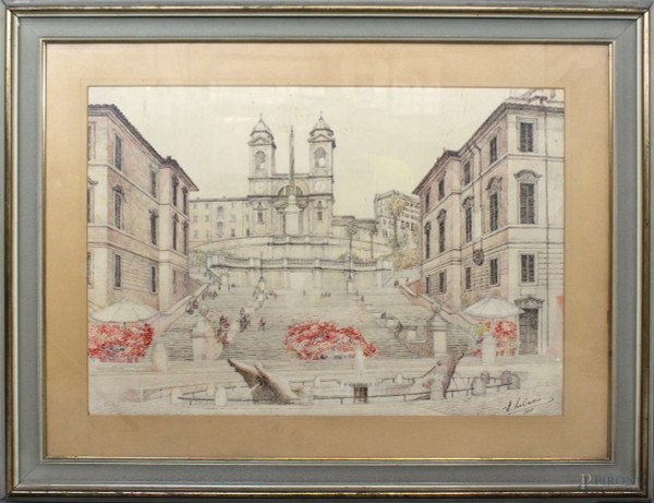 Trinit&#224; dei Monti, tecnica mista su carta, cm. 50x73, firmato Lo Cascio, 1955, entro cornice (difetti sulla carta).