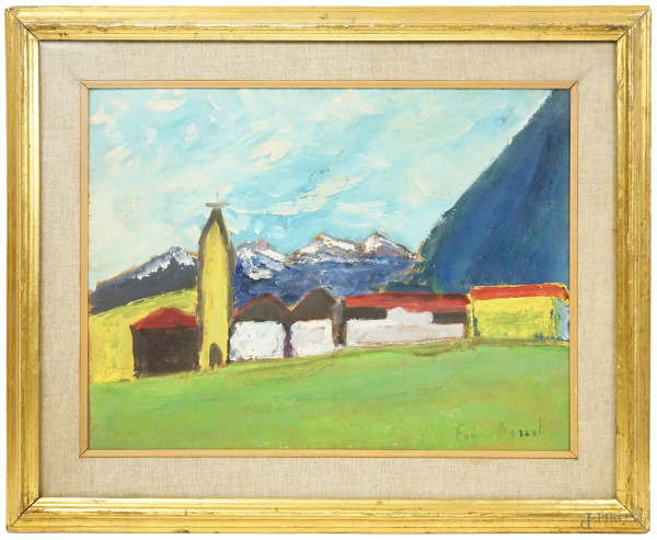 Veduta di paese montano, olio su masonite, cm 30x39,5, firmato Federico Bozzoli, entro cornice