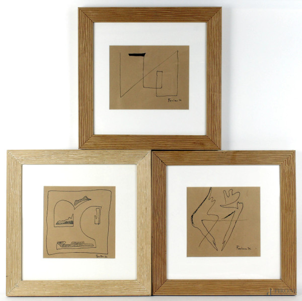 Tre disegni astratti a china su carta, cm 16x20,5, firmati e datati, entro cornice