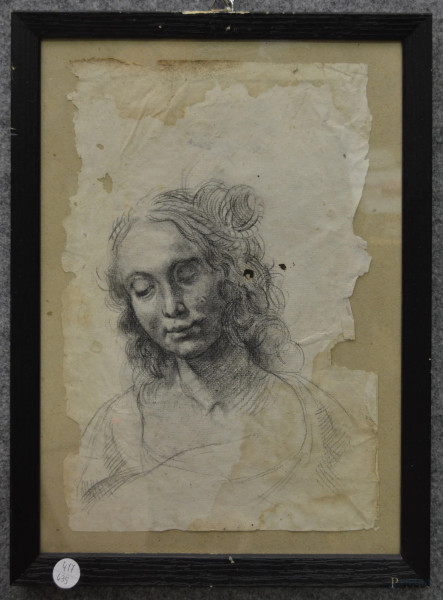 Studio, volto di donna, disegno a matita su carta, 22x34 cm, entro cornice.