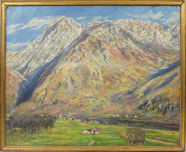 Paesaggio montano, olio su tela, cm 78x97, inizi XX secolo, entro cornice (difetti)