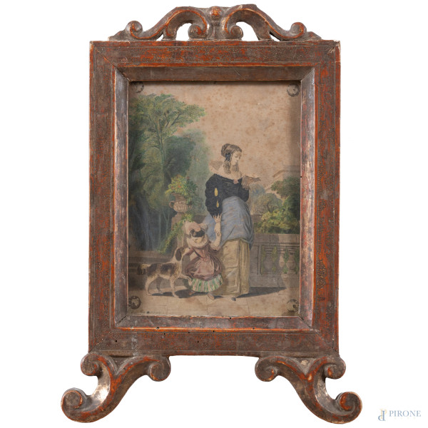 Dama con bambina, XIX secolo, stampa ritoccata su carta, cm 17,5x13, entro cornice, (segni di usura, tracce di umidità, foxing)