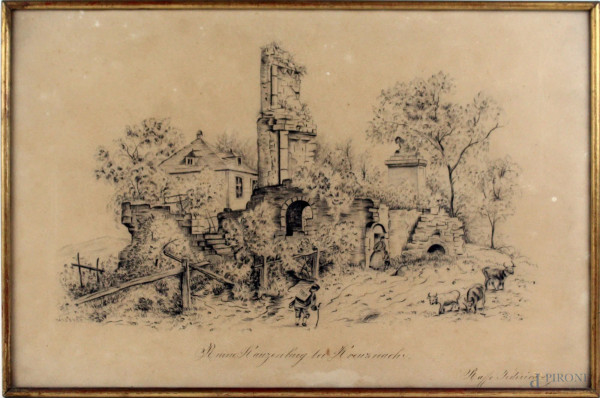 Ruine Kauzenburg, carboncino su carta, cm. 28,5x43, firmato Raffo Federica, entro cornice.