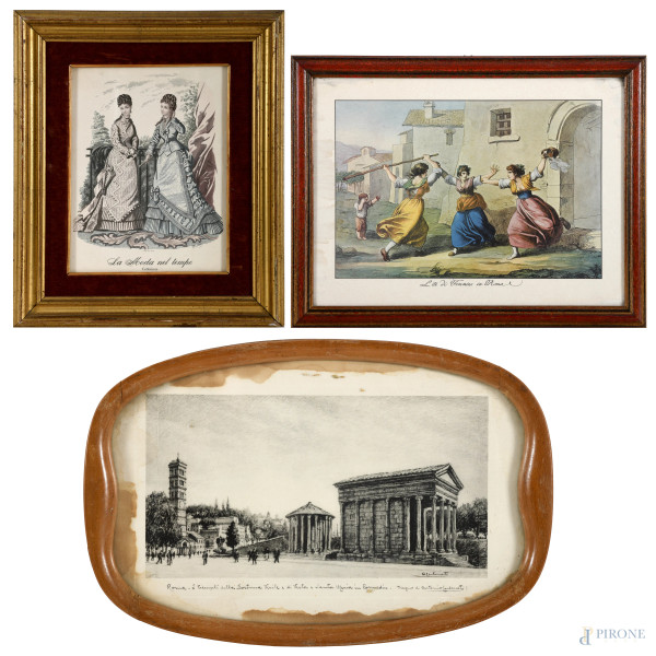 Lotto di tre stampe di soggetto vario, cm 34x46 entro cornice, (segni del tempo, difetti)