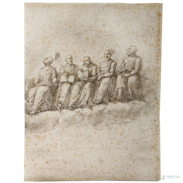 Cristo tra gli Evangelisti, china su carta, XVII-XVIII secolo, cm 25,5x20, ( tracce di umidità, gore, foxing)