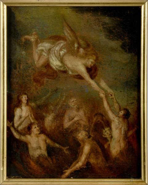 Le anime del Purgatorio, XIX secolo, tela foderata a resina su cartone pressato, cm 23,5x17, entro cornice, (difetti)