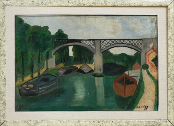 Ponte nuovo a Parigi, olio su tela, firmato, cm 38x55, entro cornice